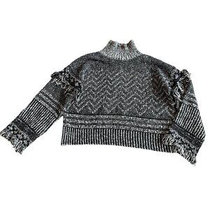 Magaschoni Black White Pullover Turtleneck Sweater Fringe Bohemian Boho Sz Small